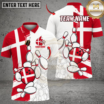 Maxcorners Bowling Denmark Flag Funny Bowling Pins Personalized Name 3D Unisex Shirt