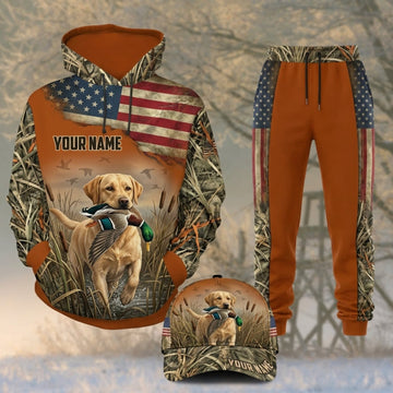 Maxcorners Duck Hunting Yellow Labrador American Flag Orange Camo Personalized 3D Shirts