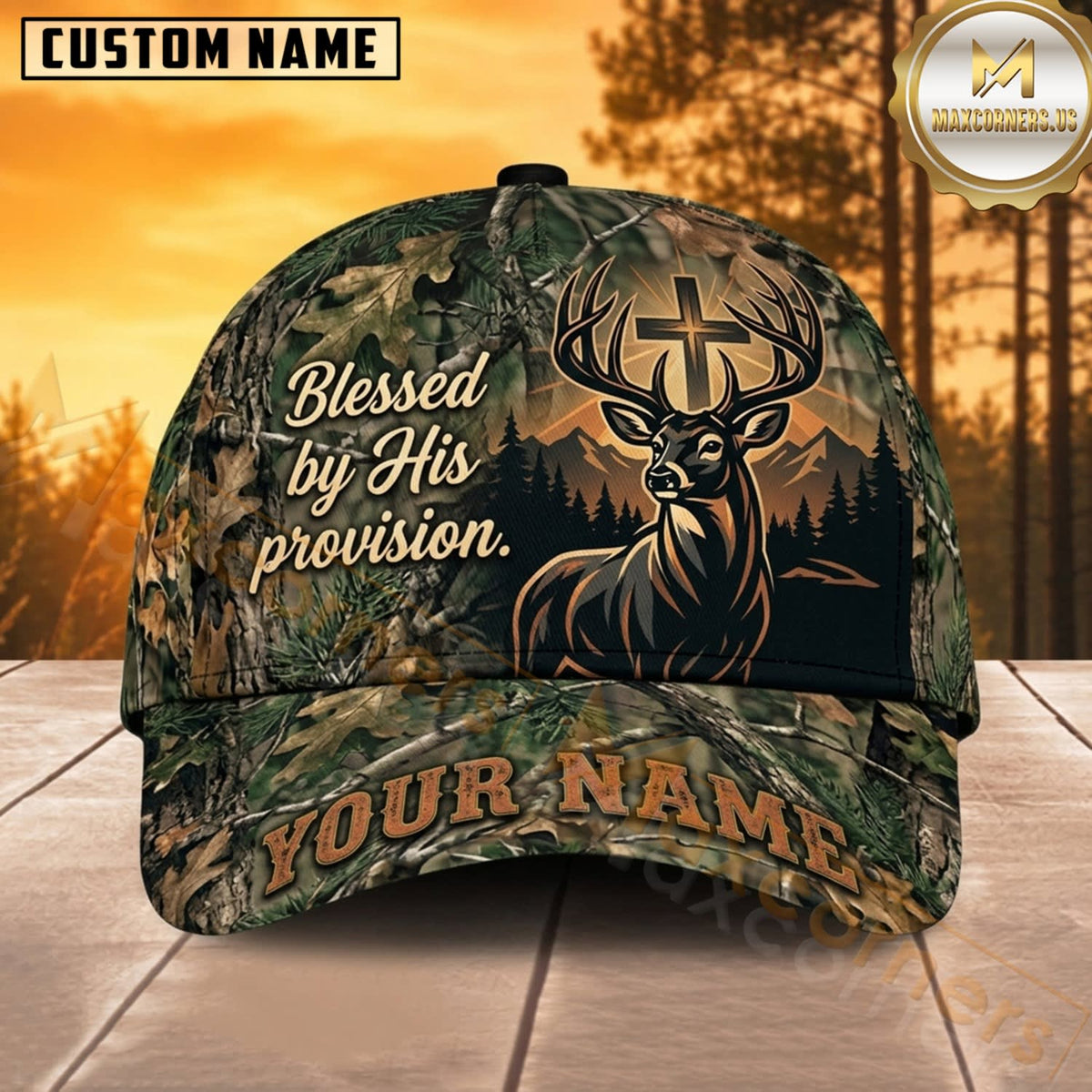 Maxcorners Deer Hunting Whitetail Buck Blessed His Provision Forest Camo Customized Name 3D Cap