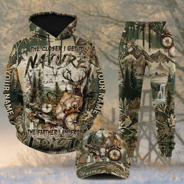 Maxcorners Hunting Nature Deer Woodland Forest Green Camo Personalized 3D Combo Hoodie, Sweatpants Set & Cap