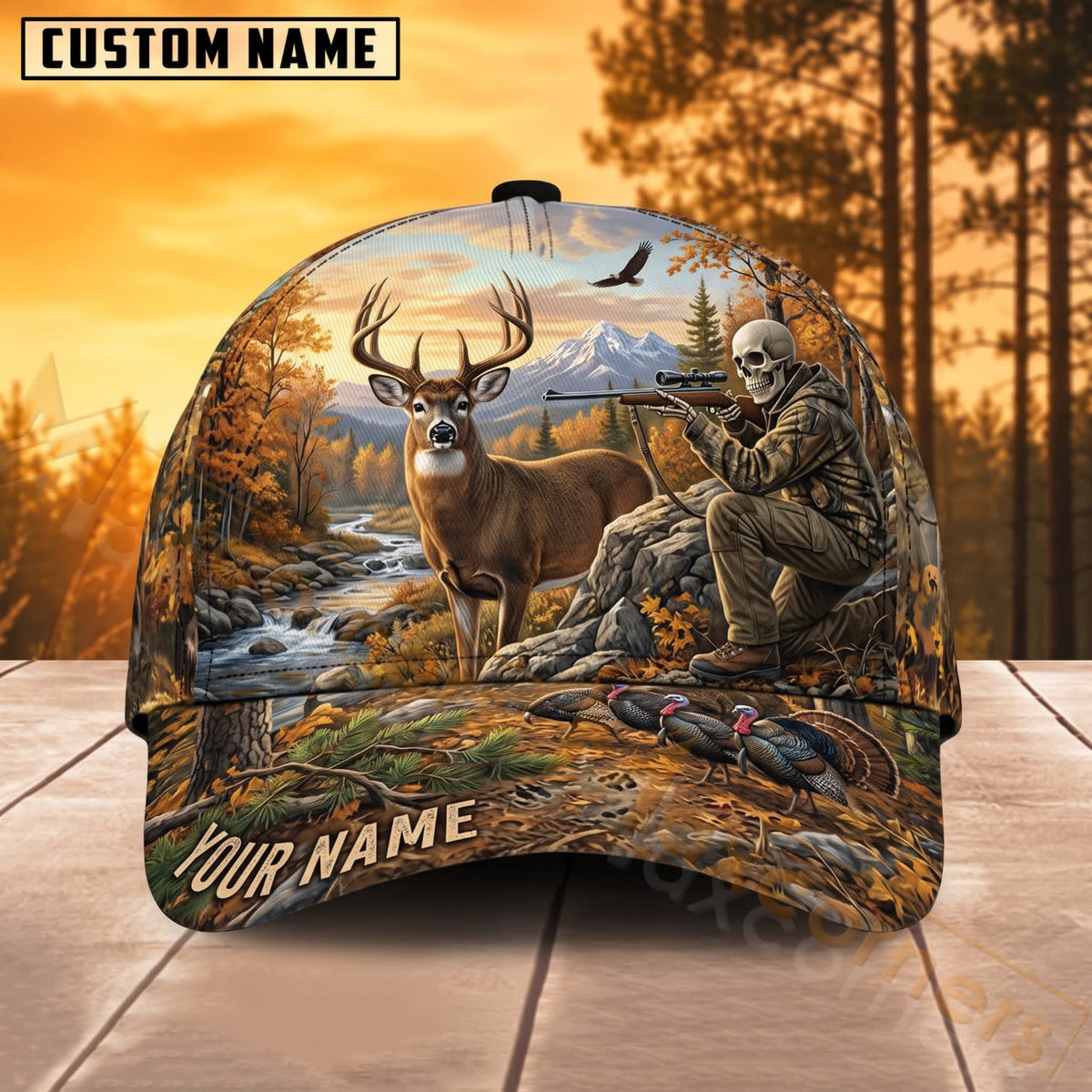 Maxcorners Deer Hunting Autumn Mountain Wilderness Personalized Name 3D Cap