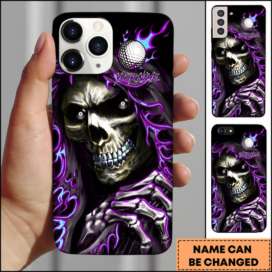 Maxcorners Golf Badass Flaming Skull Holding Golf Ball Neon Purple Personalized Phone Case