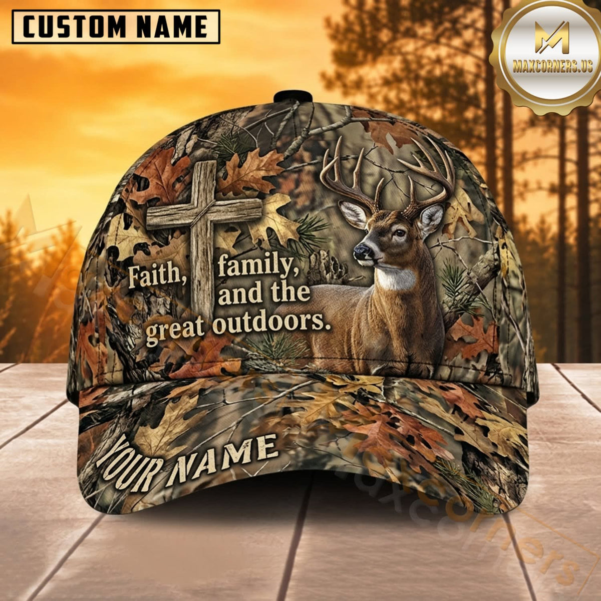Maxcorners Deer Hunting Whitetail Buck Faith Family and the Great Outdoors Harvest Camo Customized Name 3D Cap