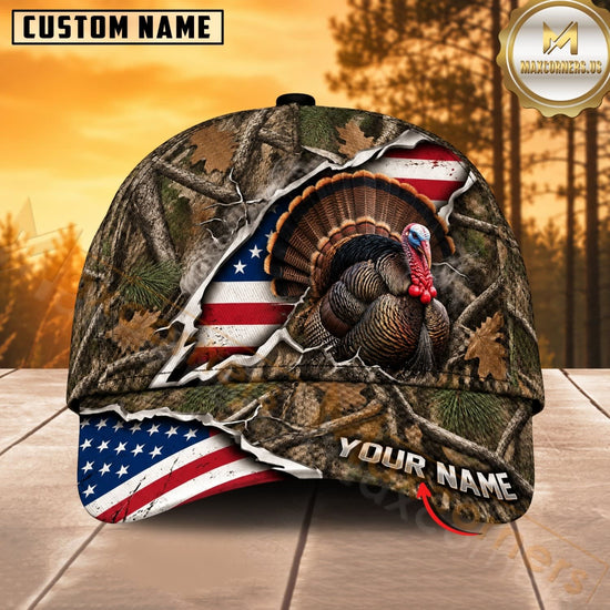 Maxcorners Hunting Wildlife Woodland Camo Ripped American Flag Personalized Name 3D Cap