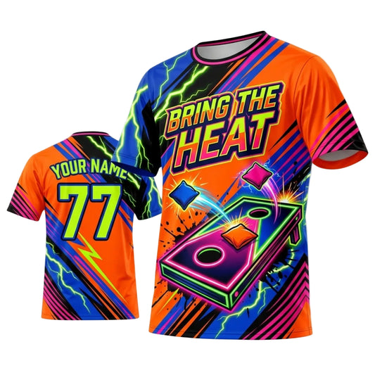 Maxcorners Cornhole Bring The Heat Neon Orange Green Personalized Name 3D Unisex Shirt