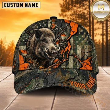 Maxcorners Boar Hunting Wild Boar Fierce Boar Blaze Orange Cracked Forest Camo Customized Name 3D Cap