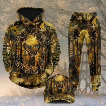 Maxcorners Hunting Golden Deer Forest Dark Woodland Camo Personalized 3D Combo Hoodie, Sweatpants Set & Cap