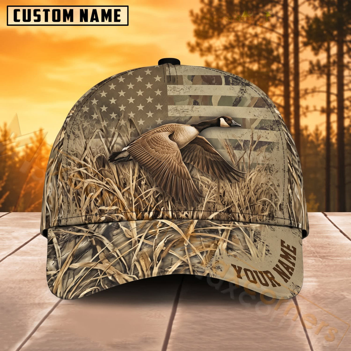 Maxcorners Duck Hunting Marsh American Flag Camo Personalized Name 3D Cap