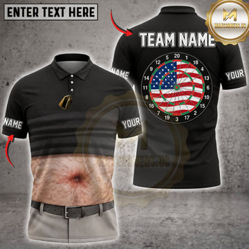 Maxcorners Darts Funny Fake Abs Black Polo American Flag Dartboard Personalized Name 3D Unisex Shirt