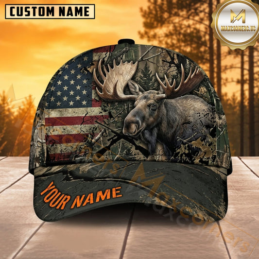 Maxcorners Moose Hunting Bull Moose American Flag Dark Woodland Camo Customized Name 3D Cap