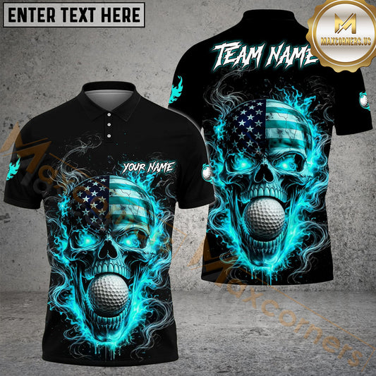 Maxcorners Patriotic Skull Fire Golf Polo Personalized Name, Team Name 3D Shirt (4 Colors)
