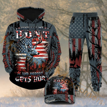 Maxcorners Hunting Patriotic Deer American Flag Dark Camo Personalized 3D Combo Hoodie, Sweatpants Set & Cap