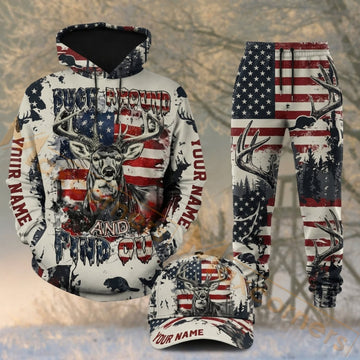 Maxcorners Hunting Patriotic Deer Skull American Flag White Camo Personalized 3D Combo Hoodie, Sweatpants Set & Cap