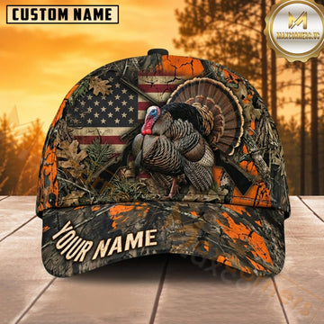 Maxcorners Turkey Hunting Wild Turkey American Flag Blaze Orange Woodland Camo Customized Name 3D Cap