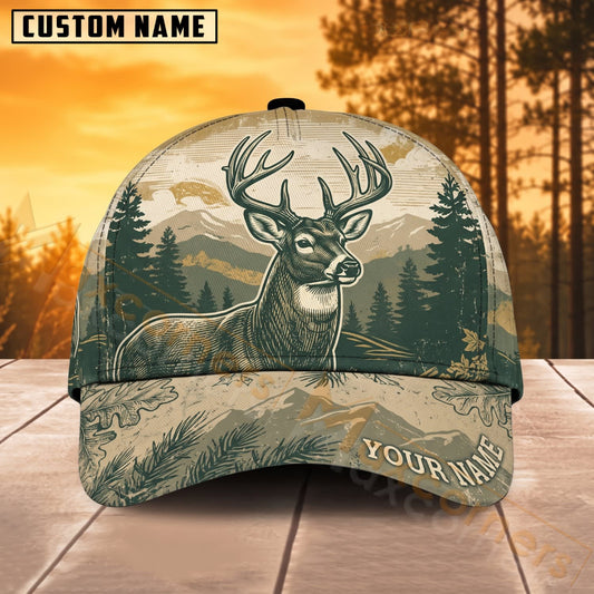 Maxcorners Deer Hunting Vintage Pine Forest Buck Personalized Name 3D Cap