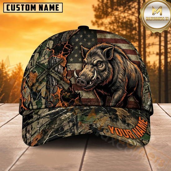 Maxcorners Boar Hunting Wild Boar American Flag Rustic Forest Camo Customized Name 3D Cap