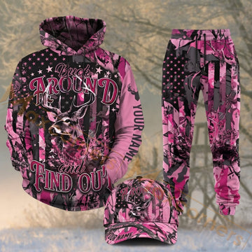 Maxcorners Hunting Deer Antlers Pink Black Camo Personalized 3D Combo Hoodie, Sweatpants Set & Cap