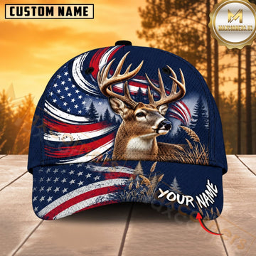 Maxcorners Hunting Wildlife Navy Blue American Flag Wave Personalized Name 3D Cap