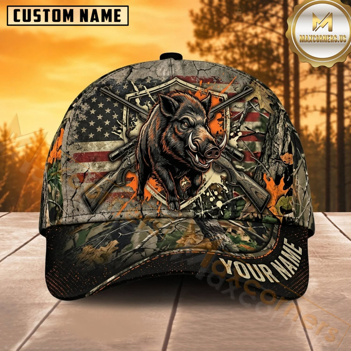 Maxcorners Boar Hunting Wild Boar Fierce Tusks Patriotic Flag Orange Camo Customized Name 3D Cap