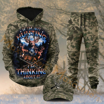 Maxcorners Hunting If I’m Not Hunting I’m Thinking About It Deer Woodland Camo Personalized 3D Combo Hoodie, Sweatpants Set & Cap