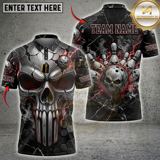 Maxcorners Bowling Red and Black Punisher Skull Industrial Gear Dartboard Multicolor Customized Name, Team Name 3D Shirts ( 4 Colors )