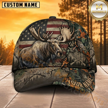 Maxcorners Moose Hunting Bull Moose American Flag Olive Woodland Camo Customized Name 3D Cap