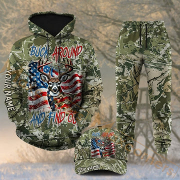 Maxcorners Hunting Buck Around And Find Out Patriotic Deer Camo Personalized 3D Combo Hoodie, Sweatpants Set & Cap