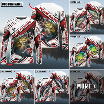 Maxcorners Fishing Red Line Jersey Sport Pattern Sun Protection Personalized Name Team Name 3D Shirts (6 Fish Species)