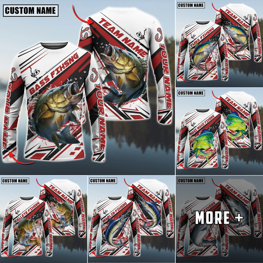 Maxcorners Fishing Red Line Jersey Sport Pattern Sun Protection Personalized Name Team Name 3D Shirts (6 Fish Species)