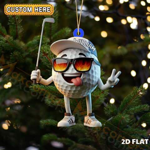 Maxcorners Cool Golf Ball Character Peace Sign Flaming Shades Personalized Name Christmas Ornament 2D Flat