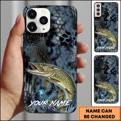 Maxcorners Pike Fishing Phone Case  Dark Hexagon Texture Smoke Blue Art Personalized Name Phone Case