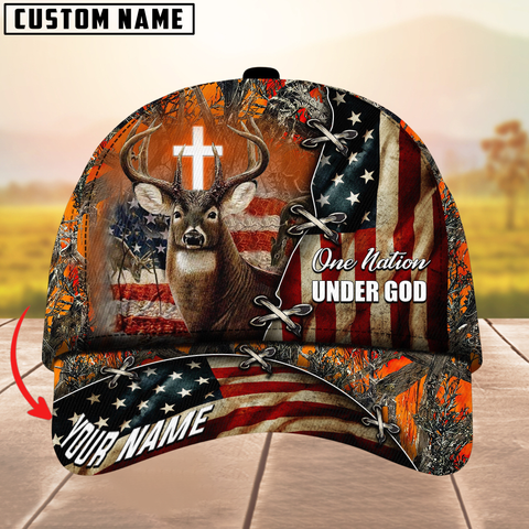 Maxcorners Unique One Nation Under God Deer Hunting Multicolor Personalized Name 3D Cap