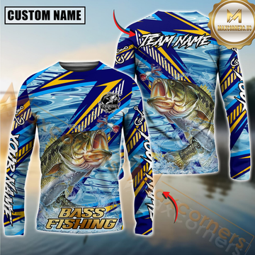 Maxcorners Bass Fishing Yellow Blue Lightning Pattern Design Custom Name & Team Name 3D Shirts