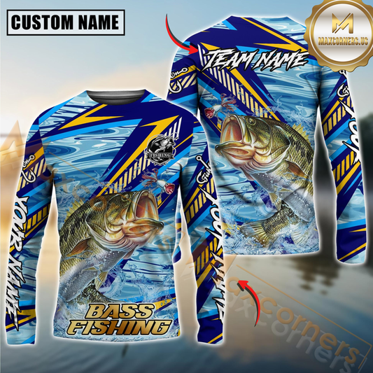 Maxcorners Bass Fishing Yellow Blue Lightning Pattern Design Custom Name & Team Name 3D Shirts