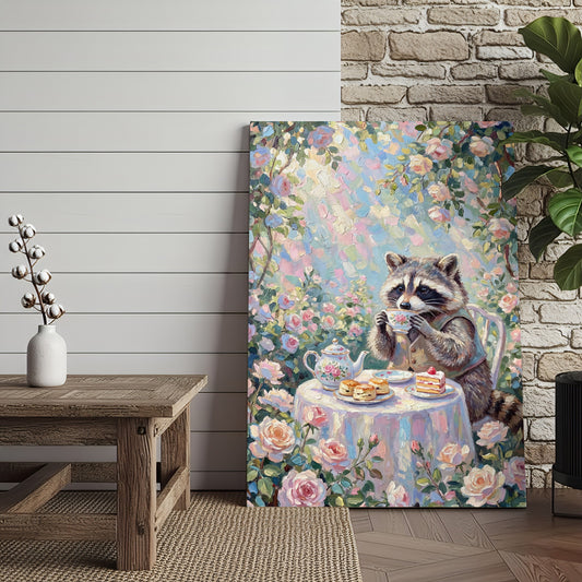 Maxcorners Raccoon Drinking Tea with Desserts Floral Pastel Art Canvas Wall Art