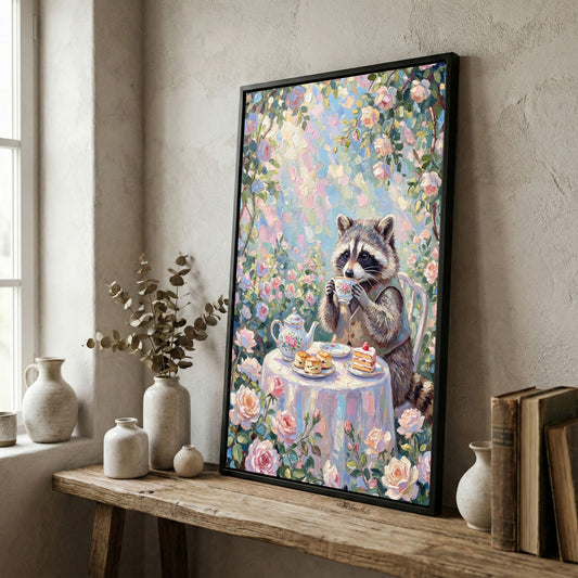 Maxcorners Raccoon Drinking Tea with Desserts Floral Pastel Art Canvas Wall Art