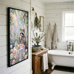 Maxcorners Raccoon Drinking Tea with Desserts Floral Pastel Art Canvas Wall Art