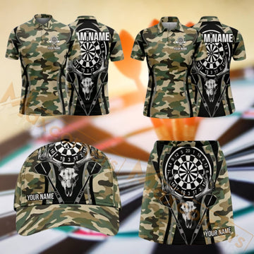Maxcorners Darts Camouflage Skull Dartboard Design Personalized Team Sportswear Set - Polo Shirt, Cap & Skorts