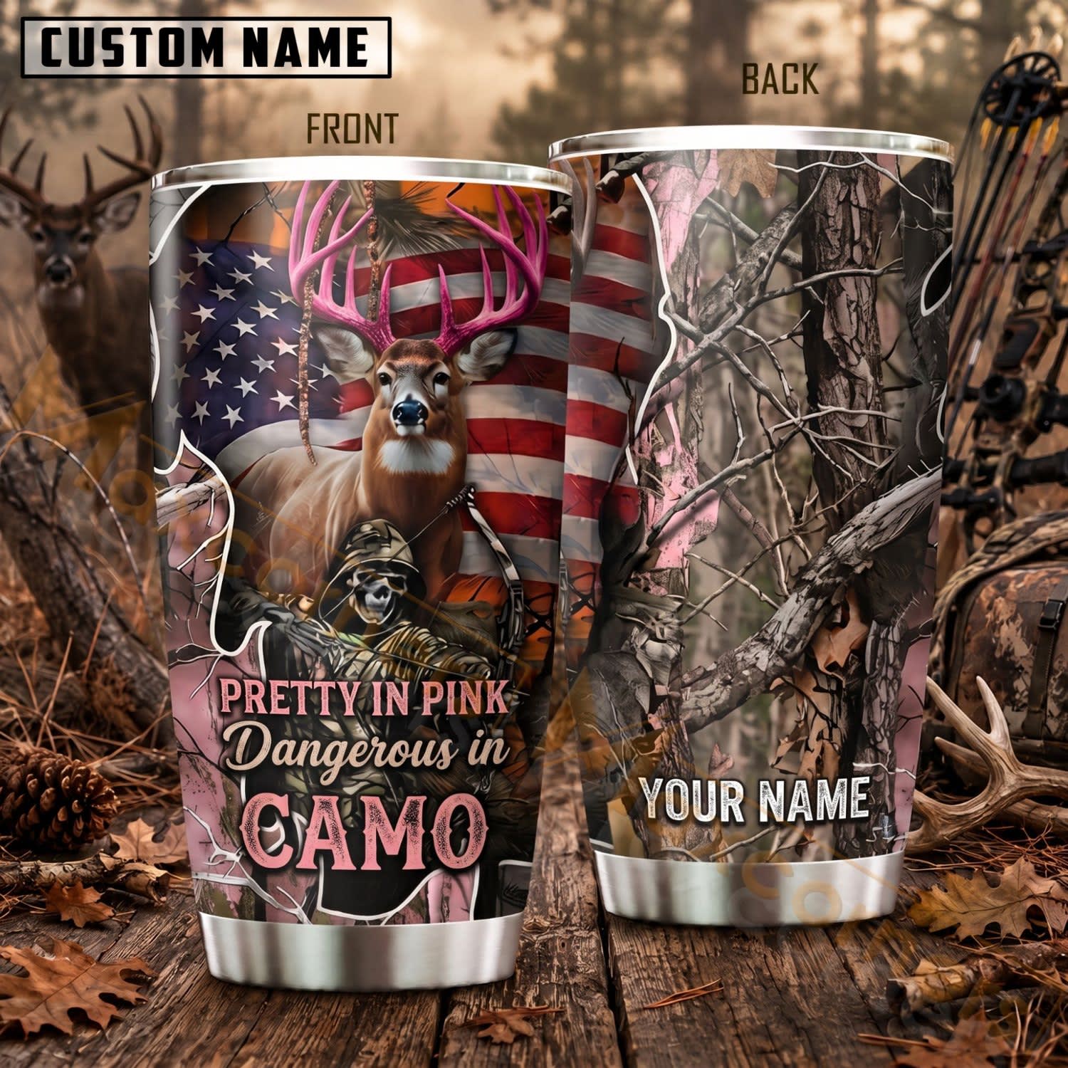 Maxcorners Hunting Pink Camo Deer American Flag Personalized Name 3D Tumbler