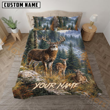 Maxcorners Deer Hunting Pine Forest River Custom Name 3D Bedding Set