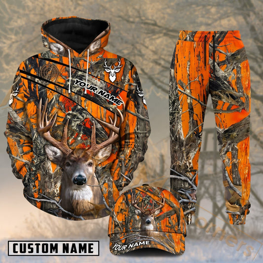 Maxcorners Hunting Whitetail Buck Orange Camo Personalized 3D Combo Hoodie, Sweatpants Set & Cap