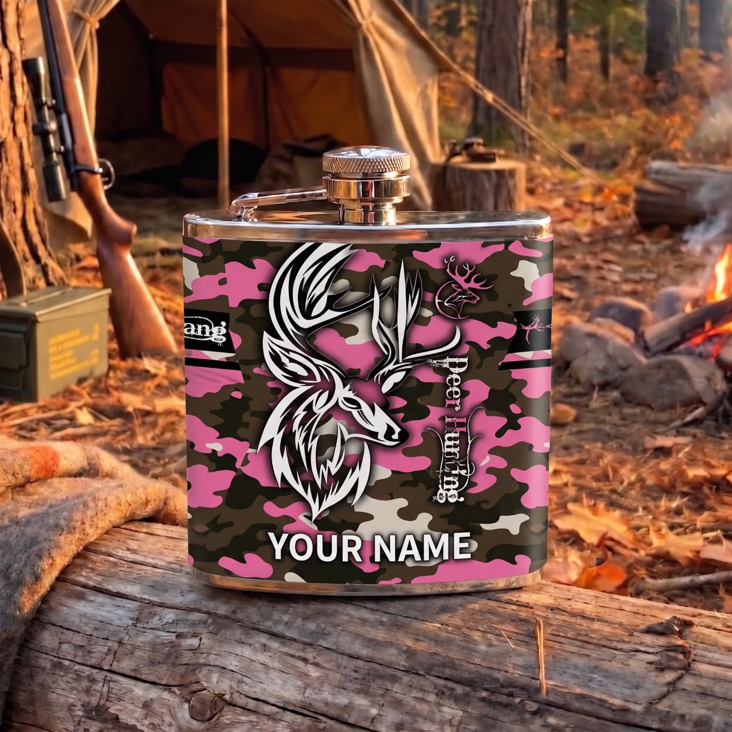 Maxcorners Hunting White Deer Head Pink Camouflage Design Personalized Name 3D Hip Flask