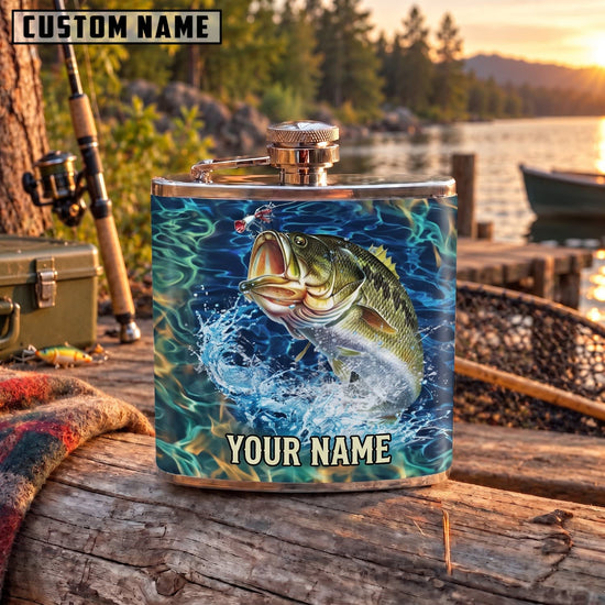 Maxcorners Fishing Largemouth Bass Underwater Lightning Personalized Name 3D Hip Flask