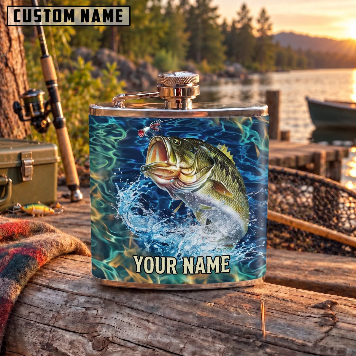 Maxcorners Fishing Largemouth Bass Underwater Lightning Personalized Name 3D Hip Flask