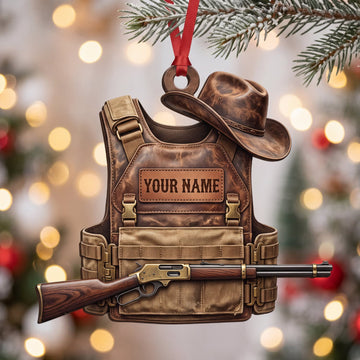 Maxcorners Hunting Western Leather Vest And Rifle Personalized Name 3D Keychain And Ornament