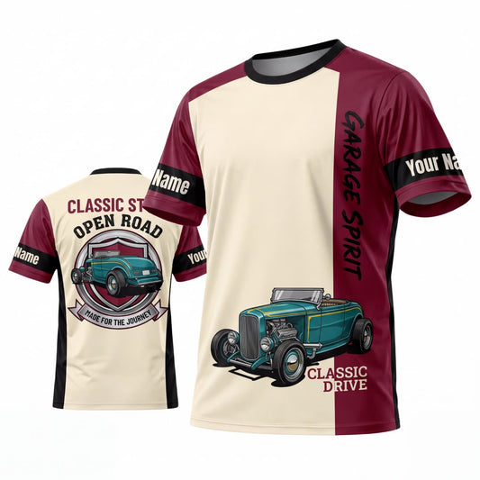 Maxcorners Personalized Car Classic Muscle Car 3D T-Shirt – Cream Burgundy Classic Soul and Vintage Pickup Truck