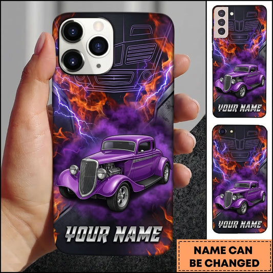 Maxcorners Hot Rod Purple Vintage Car with Neon Flame and Smoke Personalized Name 3D Phone Case