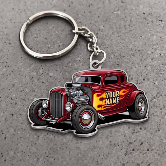 Maxcorners Hot Rod Burgundy Vintage Coupe with Orange Flame Graphics Personalized Name 3D Keychain And Ornament
