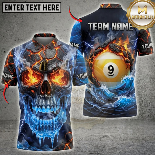 Maxcorners Billiards Blue Flame Skull Yellow 9 Ball Multicolor Customized Name, Team Name 3D Shirts ( 4 Colors )