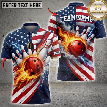 Maxcorners Bowling American Flag Fireball And Bowling Pins Personalized Name 3D Unisex Shirt